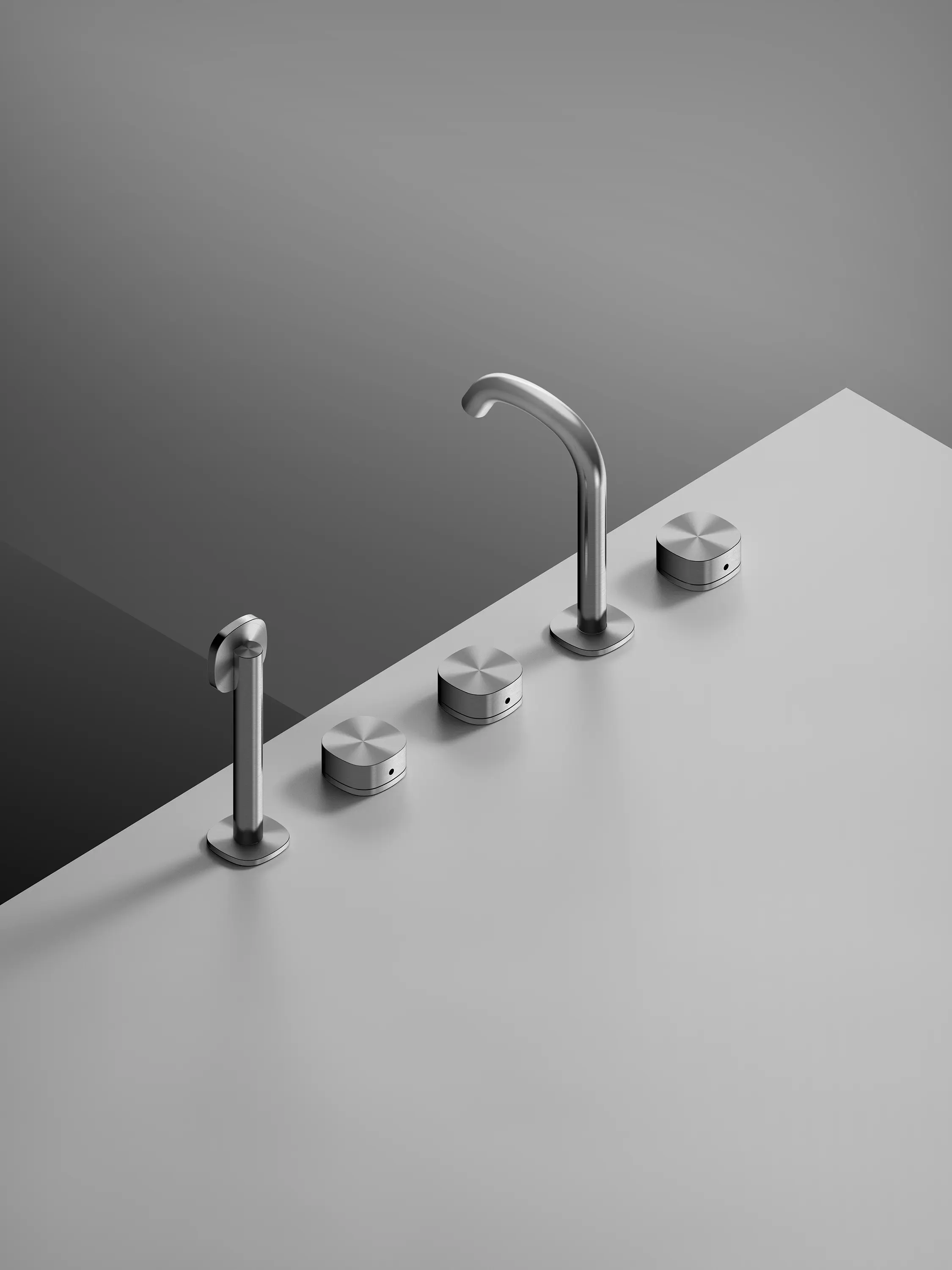 Quadrodesign - Super | Three hole edge bath tap with spout and progressive mixer with shower kit