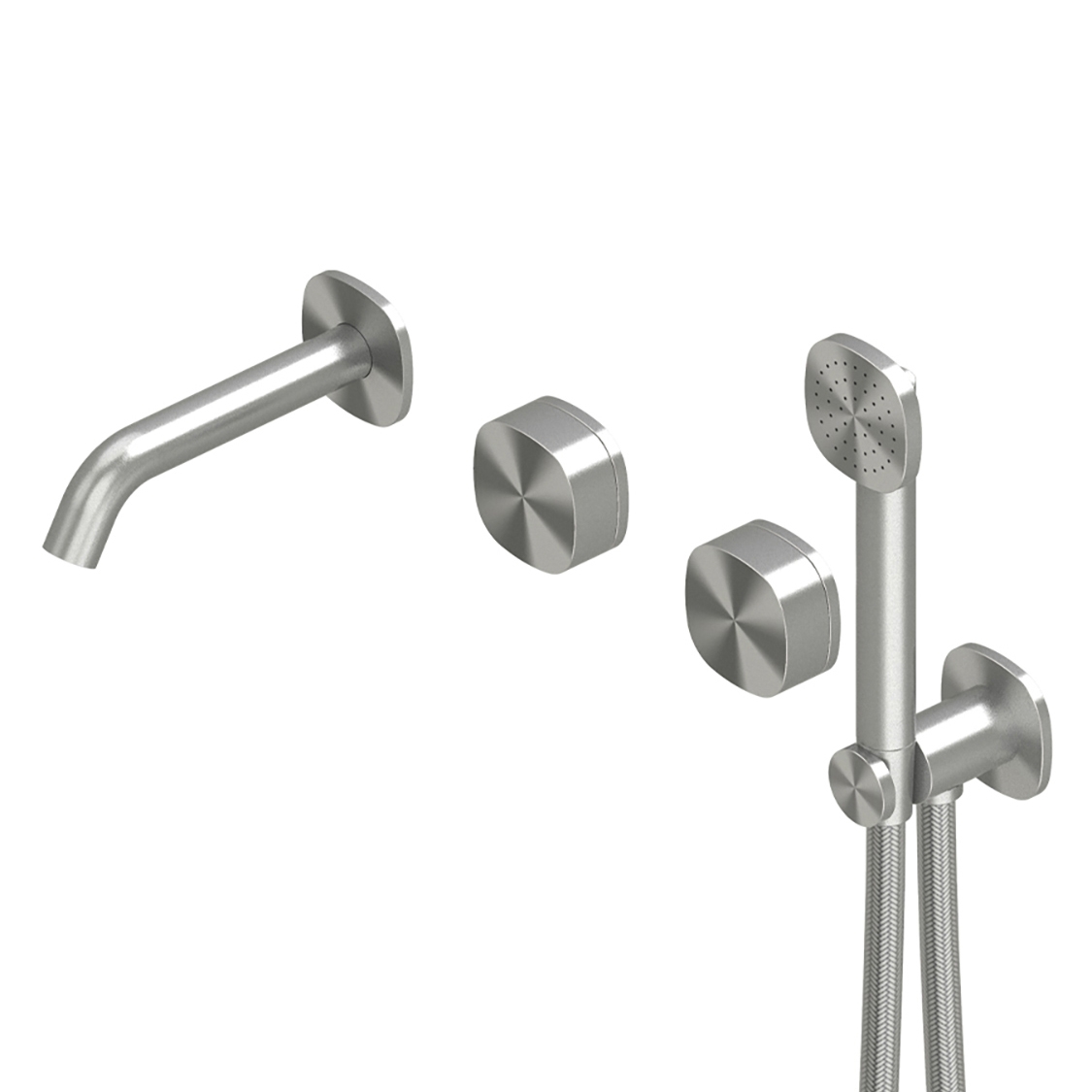 Display product Super | Group of two progressive wall mixers with spout and shower kit from manufacturer Quadrodesign