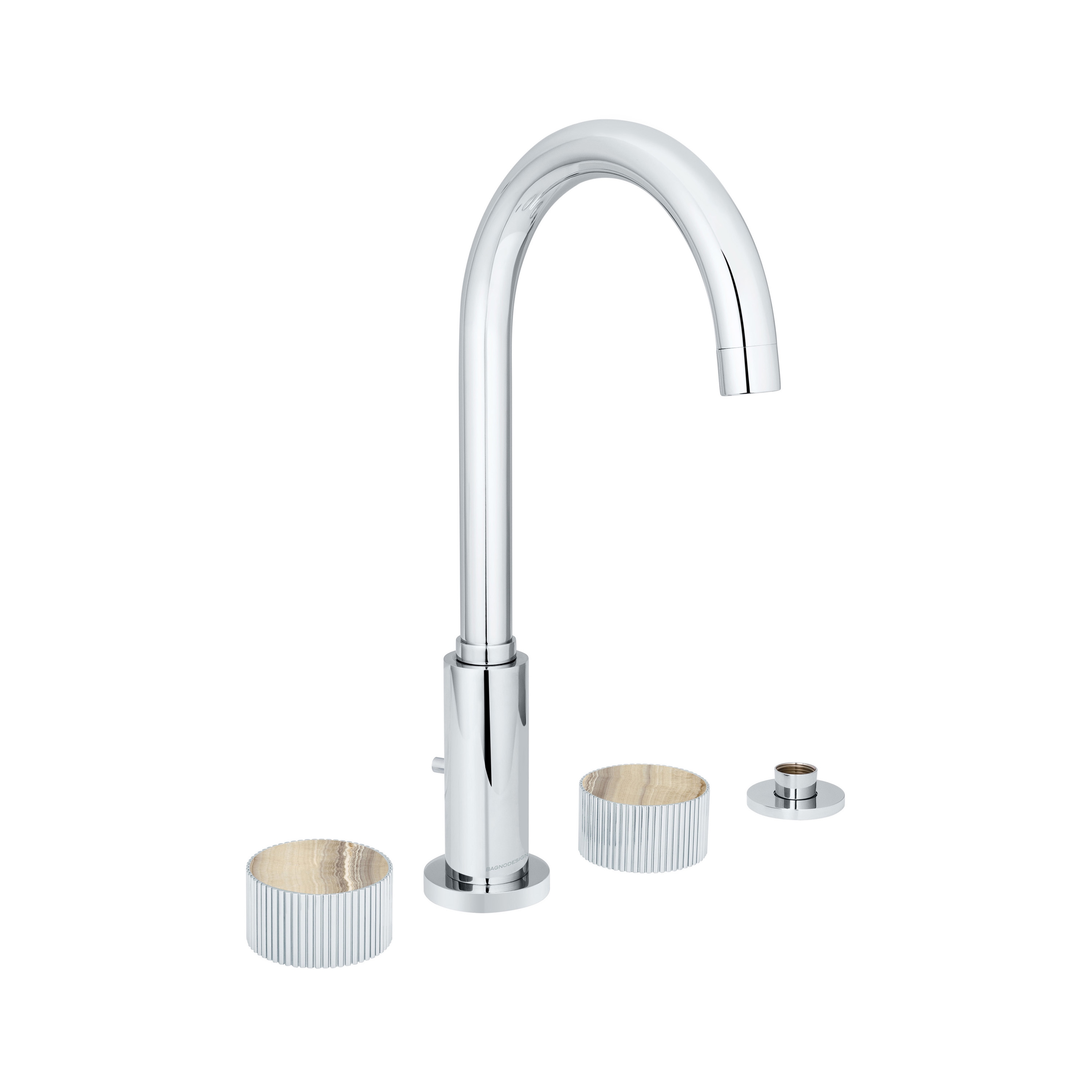 Mostra il prodotto Chiasso | Deck Mounted 4 Hole Bath Mixer With Sand Levigato Marble Handle Insert Chrome del produttore BAGNODESIGN