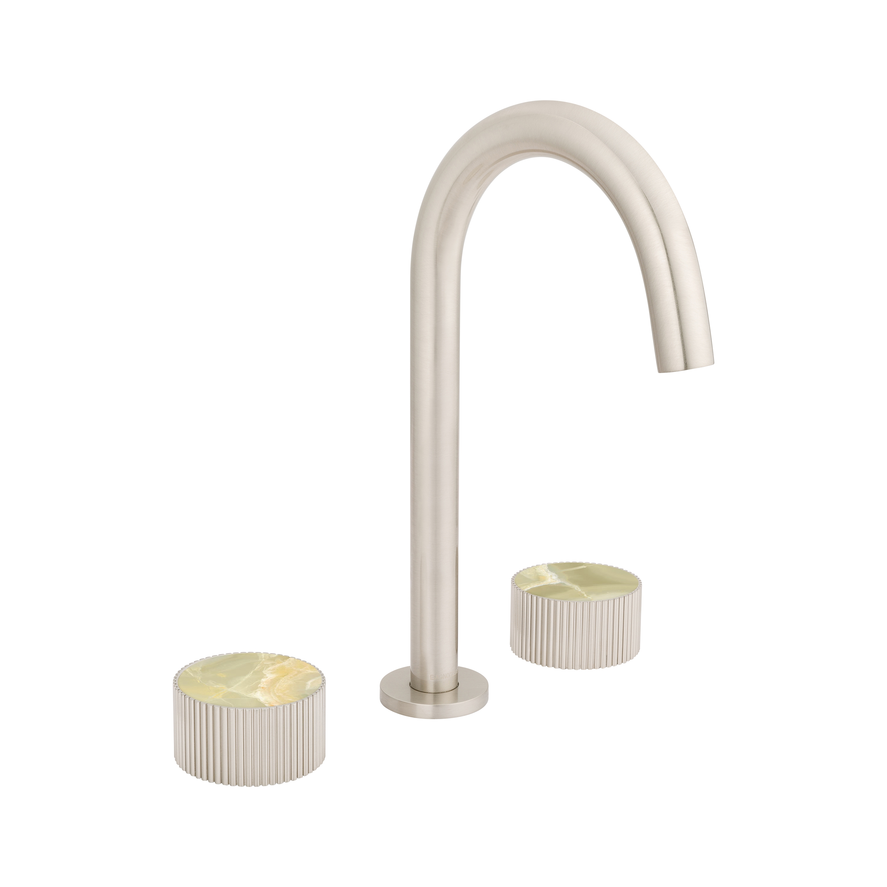 Display product Chiasso | Deck Mounted 3 Hole Basin Mixer With Porcelain Handle Insert Brushed Nickel from manufacturer BAGNODESIGN