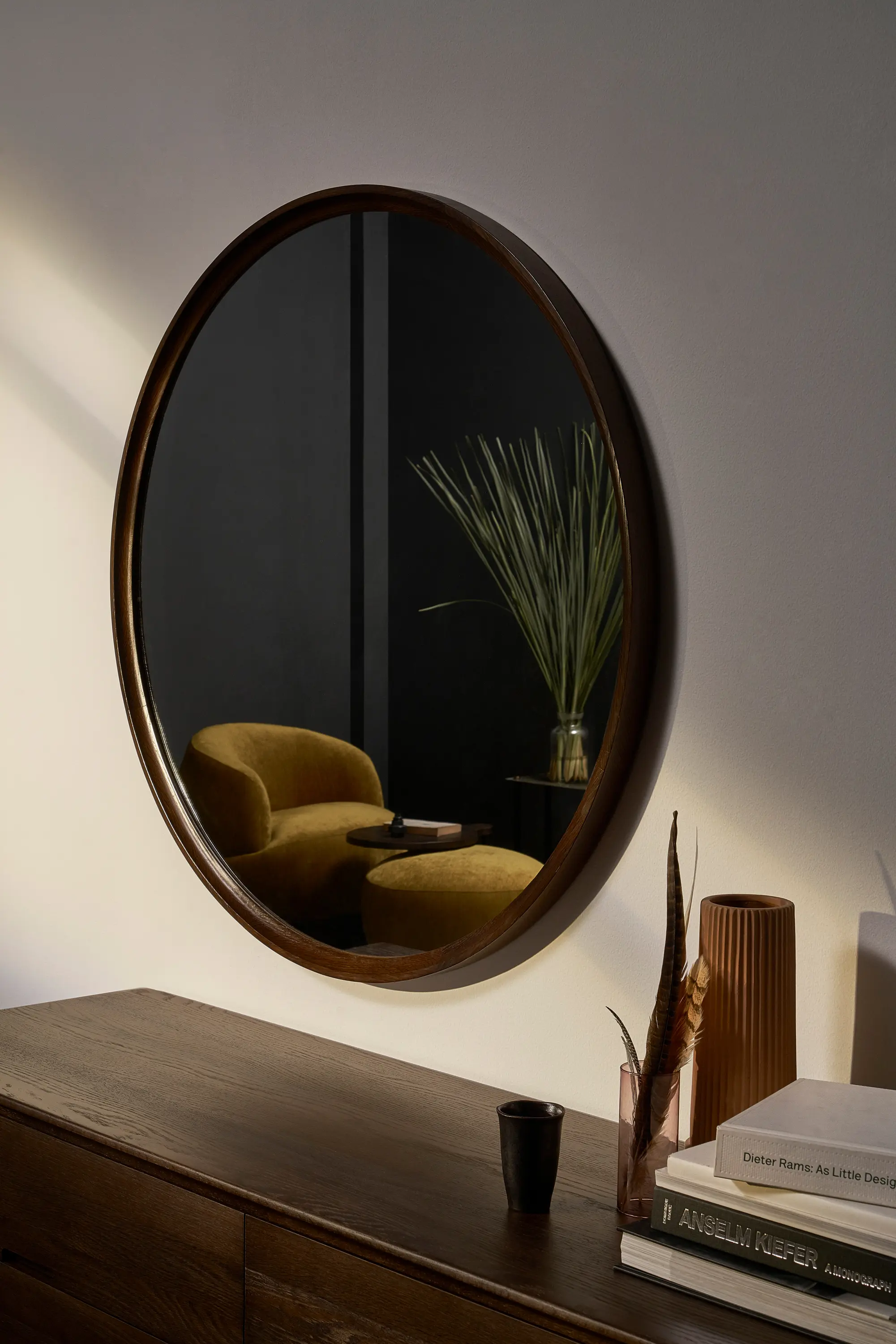 District Eight - Mirror | Round Mirror with hard fumed solid oak frame