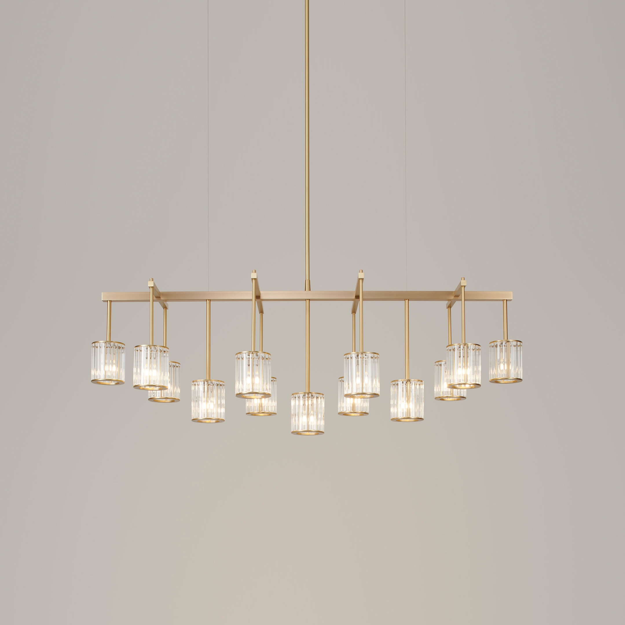 Flute Beam Chandelier 13-arm brushed brass clear glass