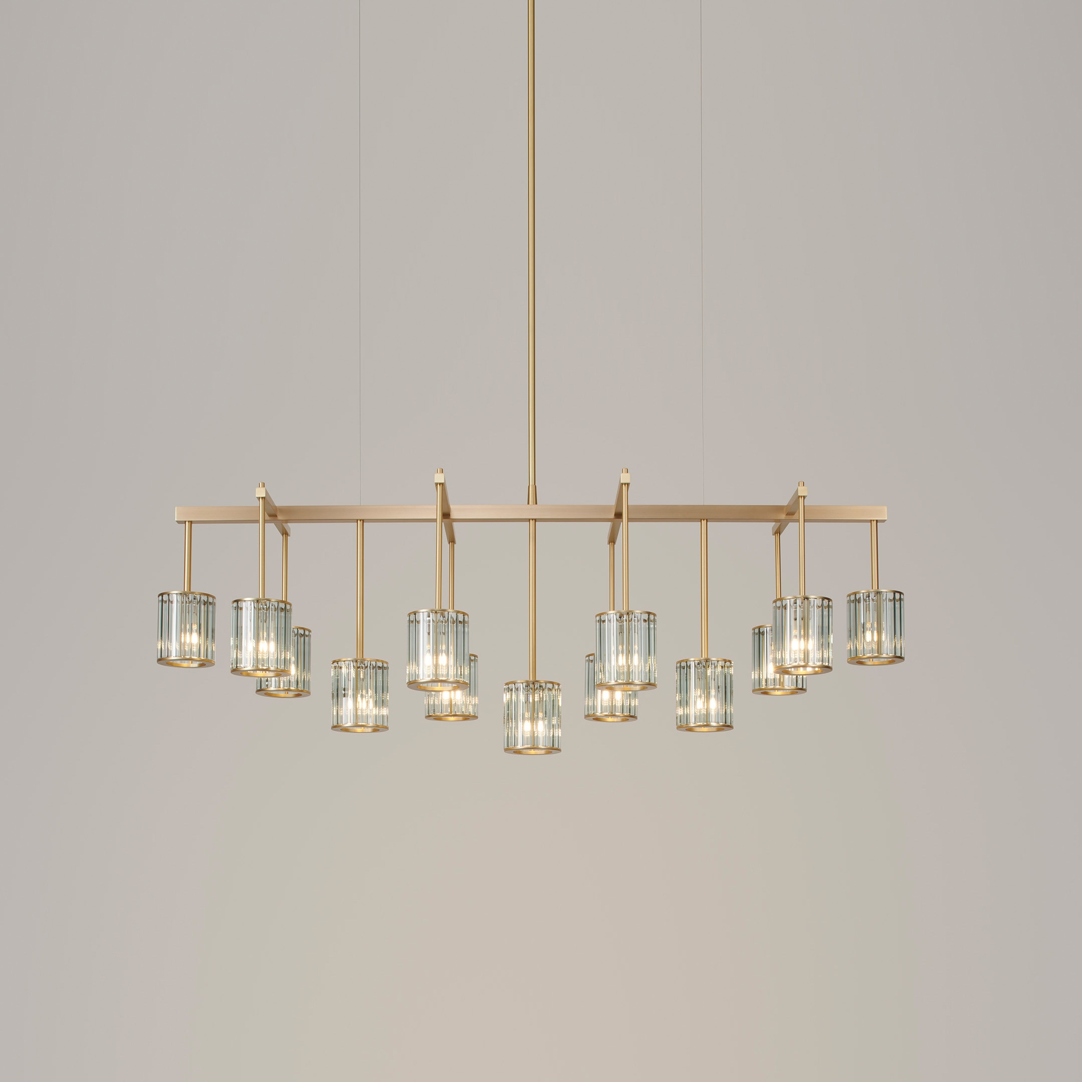 Flute Beam Chandelier 13-arm brushed brass smoke glass