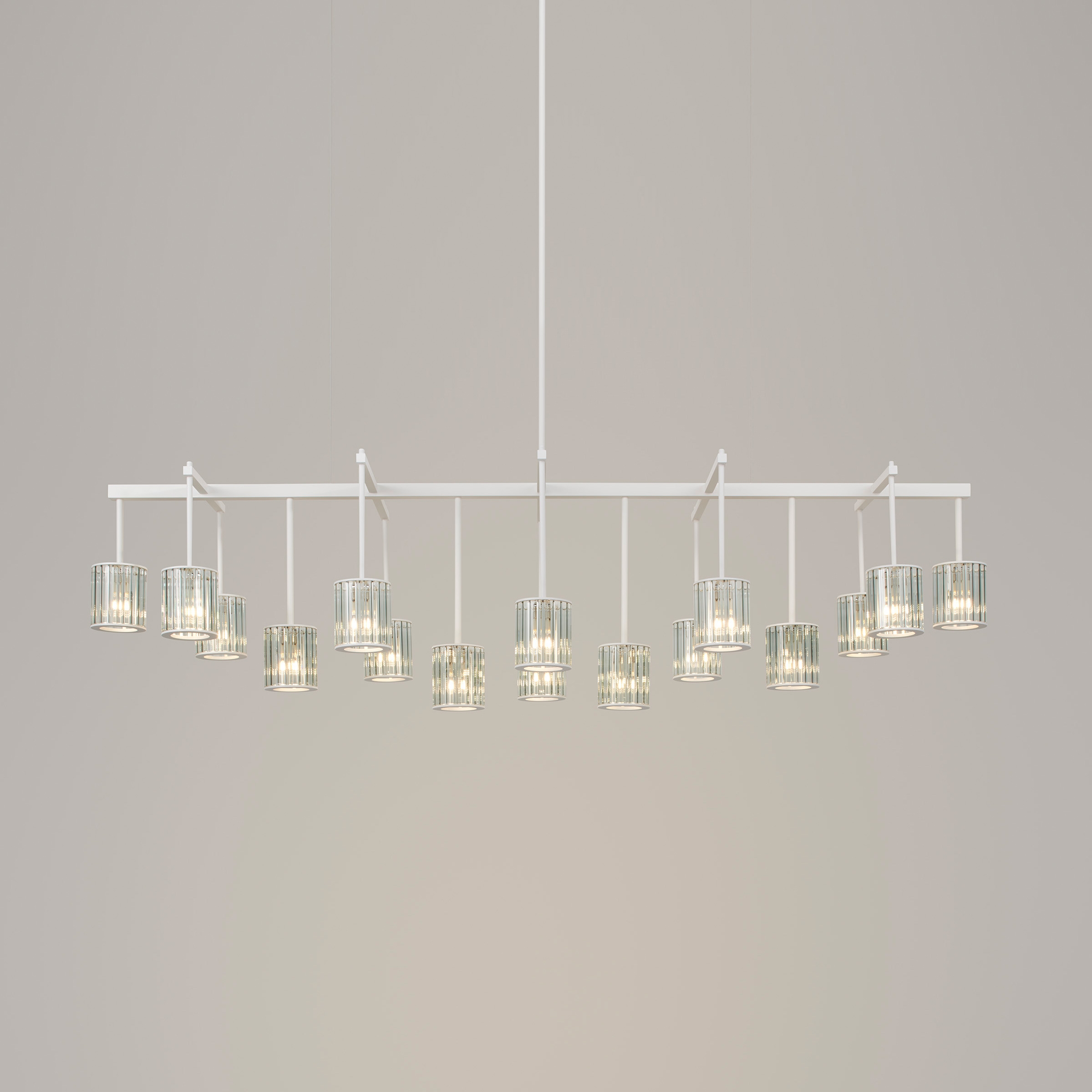 Flute Beam Chandelier 16-arm powdercoated white smoke glass