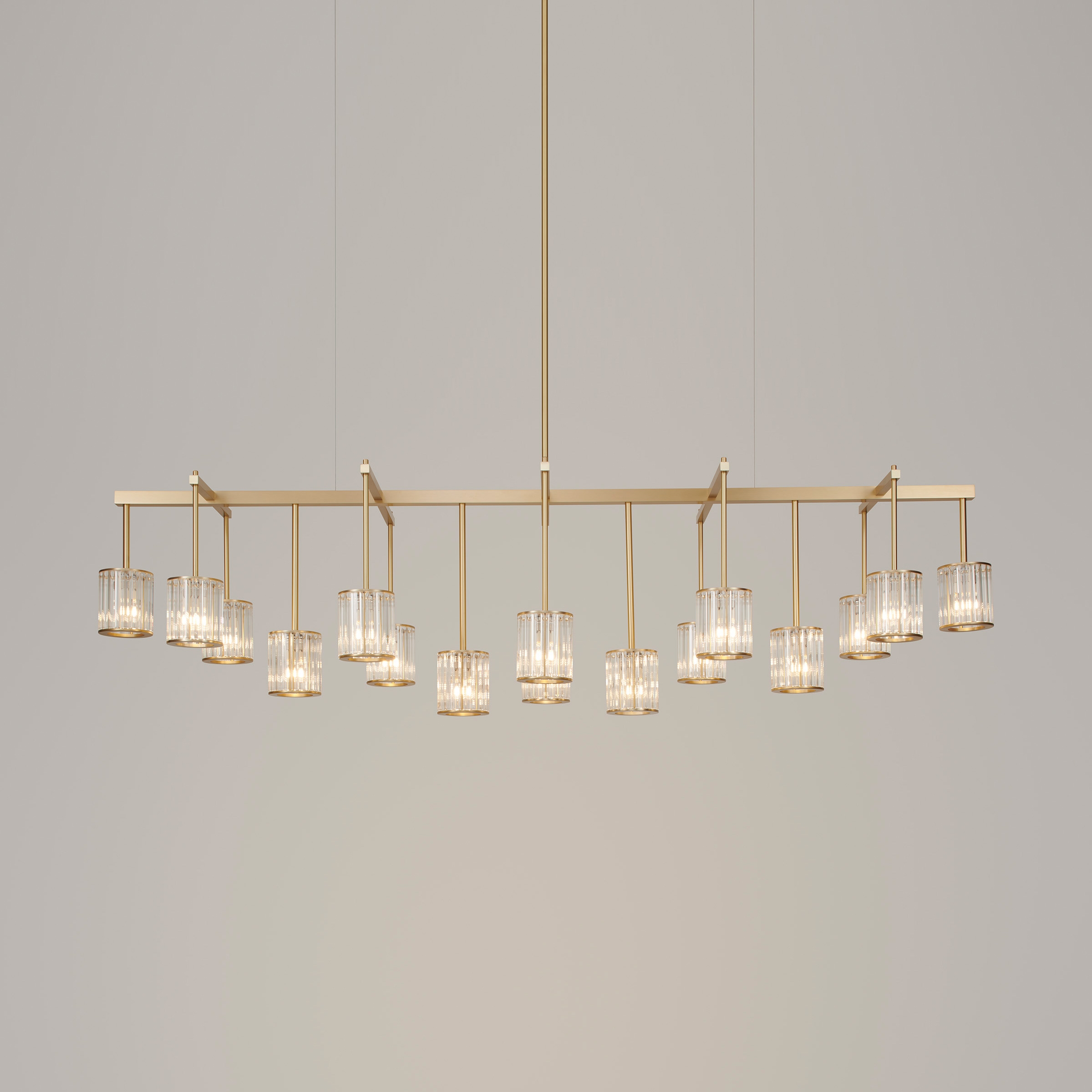Flute Beam Chandelier 16-arm brushed brass clear glass