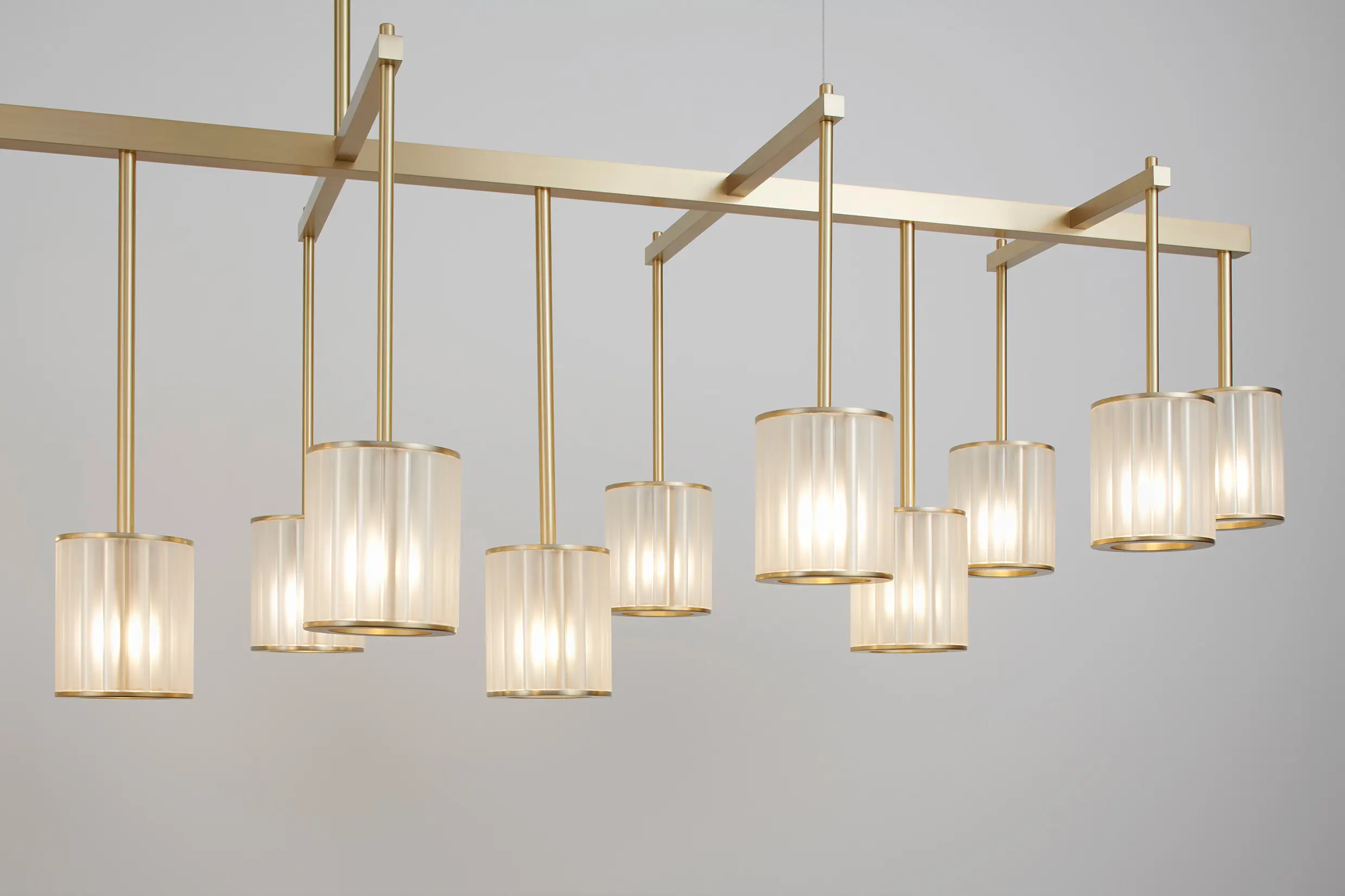 Tom Kirk Lighting - Flute Beam Chandelier 16-arm brushed brass frosted glass