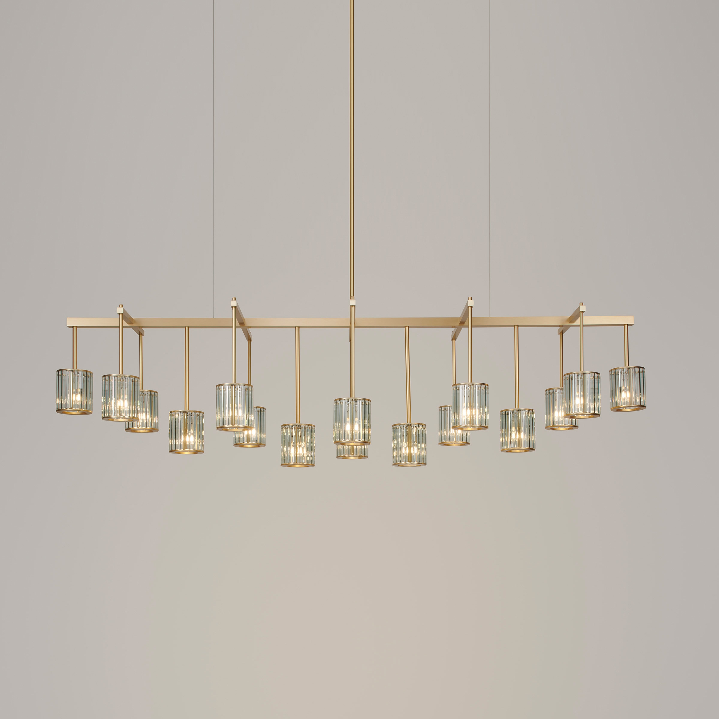 Flute Beam Chandelier 16-arm brushed brass smoke glass