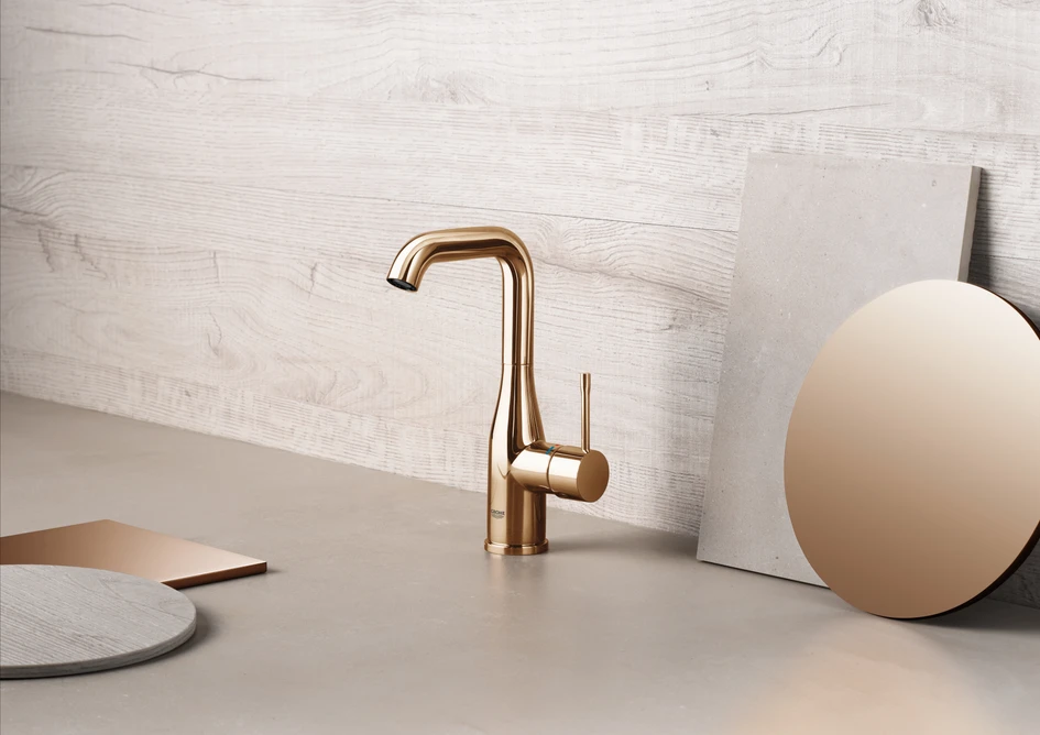 The Essence Single-Lever Basin Mixer In classic, polished gold tone Cool Sunrise 