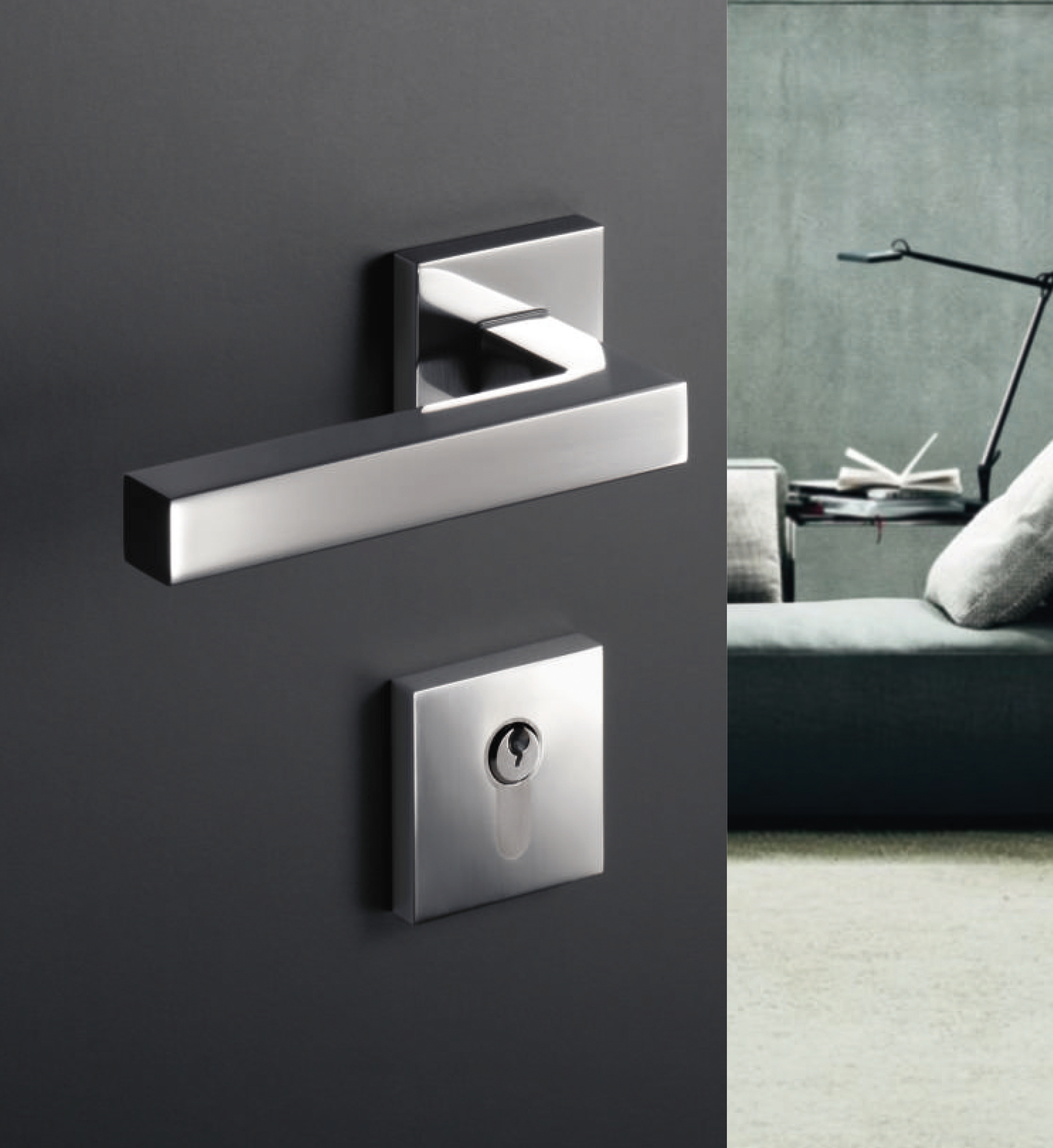The first German accessible series 801, featuring the accessory series 477 (top), as well as lever handles System 100 made of stainless steel with minimal overall height are further highlights of the current collection (above)