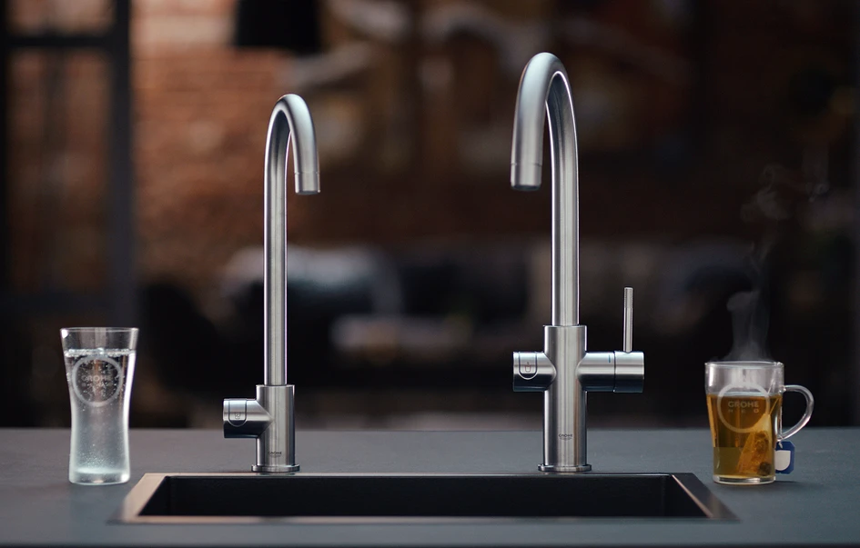 Enjoy filtered sparkling, medium sparkling or still water chilled, or instant boiling water at the touch of a button. GROHE Blue Home and GROHE Red faucets save water, energy and plastic and a failsafe child lock saves little hands too