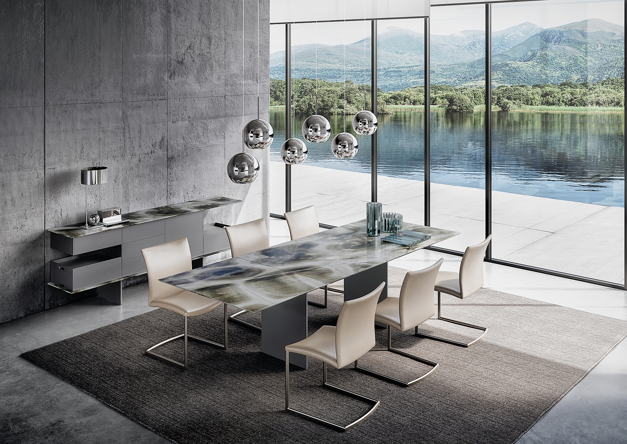 Blow: the exquisite coffee tables combine natural stone and glass in perfect harmony (top); Atlas: the extendable table is the epitome of movement and symmetry – stone: turtle (above)  