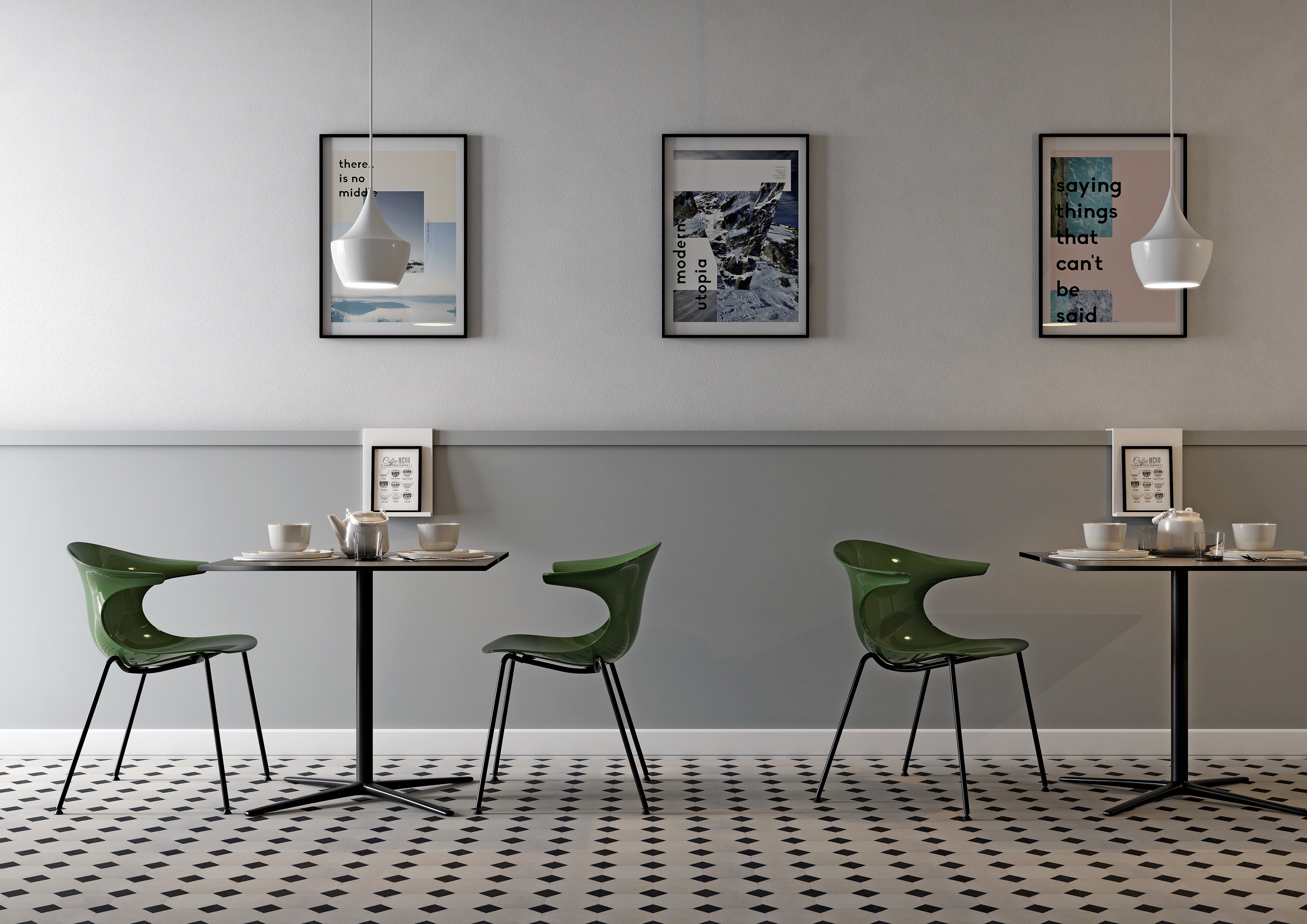 The Loop table, seen here alongside glossy green vintage style Loop chairs, has a striking low base profile. The table is the epitome of balance and poise, reminiscent of a bird’s foot; graceful yet secure, elegantly pincering terra firma