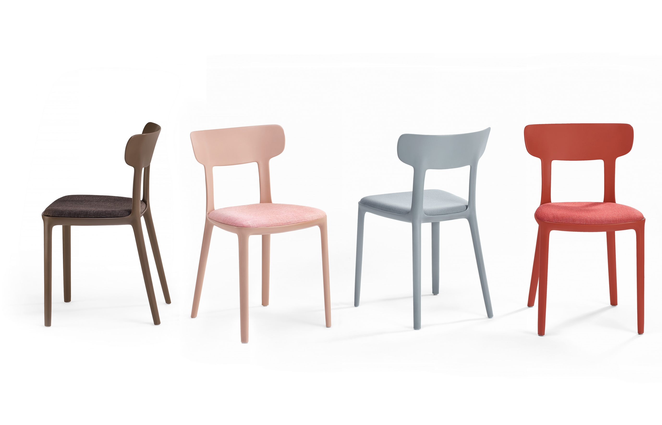 With so many different colour bases and upholstered seats, a group of Canova chairs can fill a room with multiple interesting and individual personalities, or with striking colourmatched combinations for private or contract use 