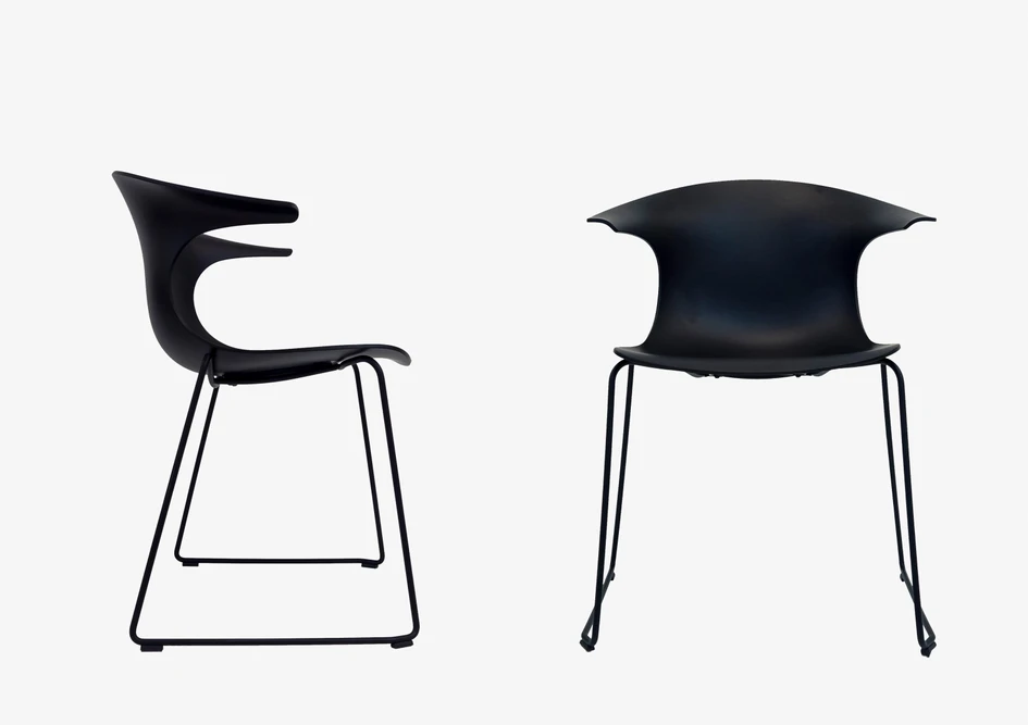 Top: Claus Breinholt; middle: the Pure Loop chair is a version of the Loop chair without arms – it offers a quiet confidence, while retaining the ability to wow with a myriad colourway combinations; above: a black Loop chair with slender skid frame