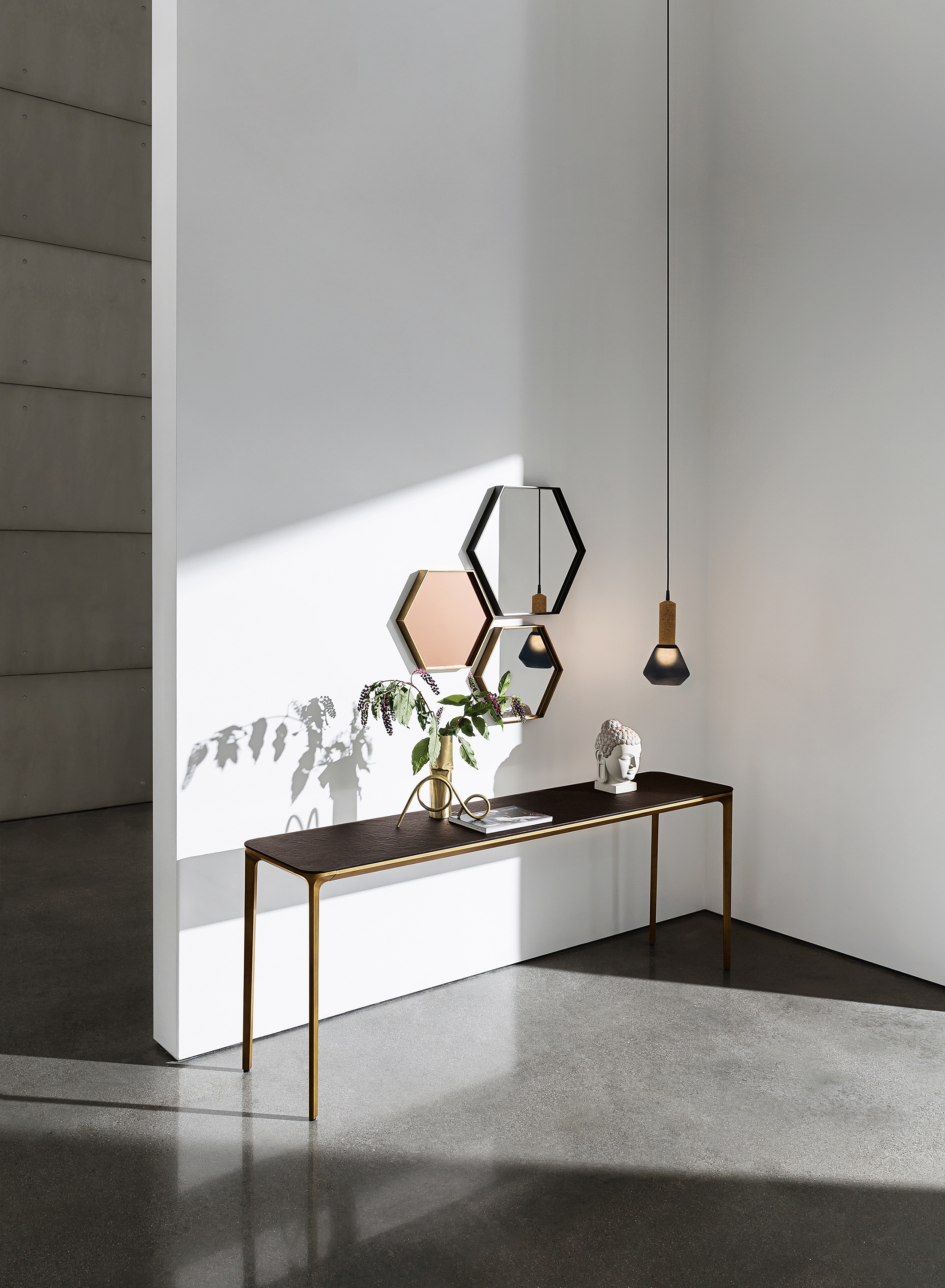 Sovet's extensive Slim series by Matthias Demacker includes elegant dining tables (top) and consoles (above) with aluminium frames in various finishes and tops in materials such as glass, ceramics or wood