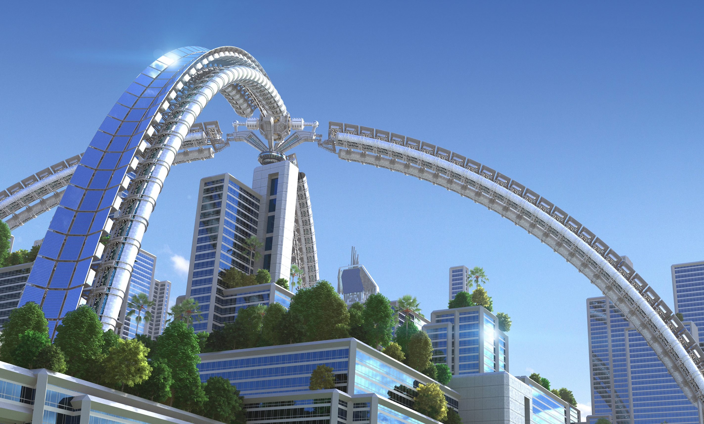 Illustration of a futuristic green city from the e-book ‘The Hotel of the Future’, conceived and published by Villeroy & Boch. The future hotel must simultaneously serve as a workplace, adventure playground and second home
