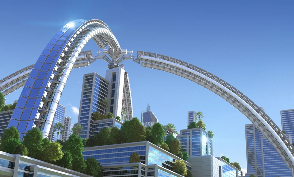 Illustration of a futuristic green city from the e-book ‘The Hotel of the Future’, conceived and published by Villeroy & Boch. The future hotel must simultaneously serve as a workplace, adventure playground and second home