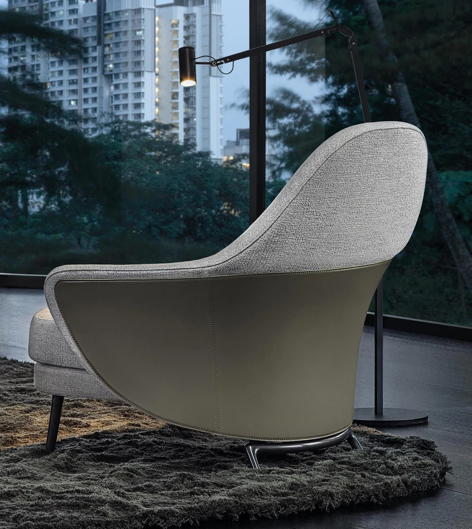 The 2019 collection includes Minotti’s first partnership with award-winning Danish-Italian design duo GamFratesi, with two armchair designs – the Angie (seen above) and the Shelley – that explore contrasts in form and material