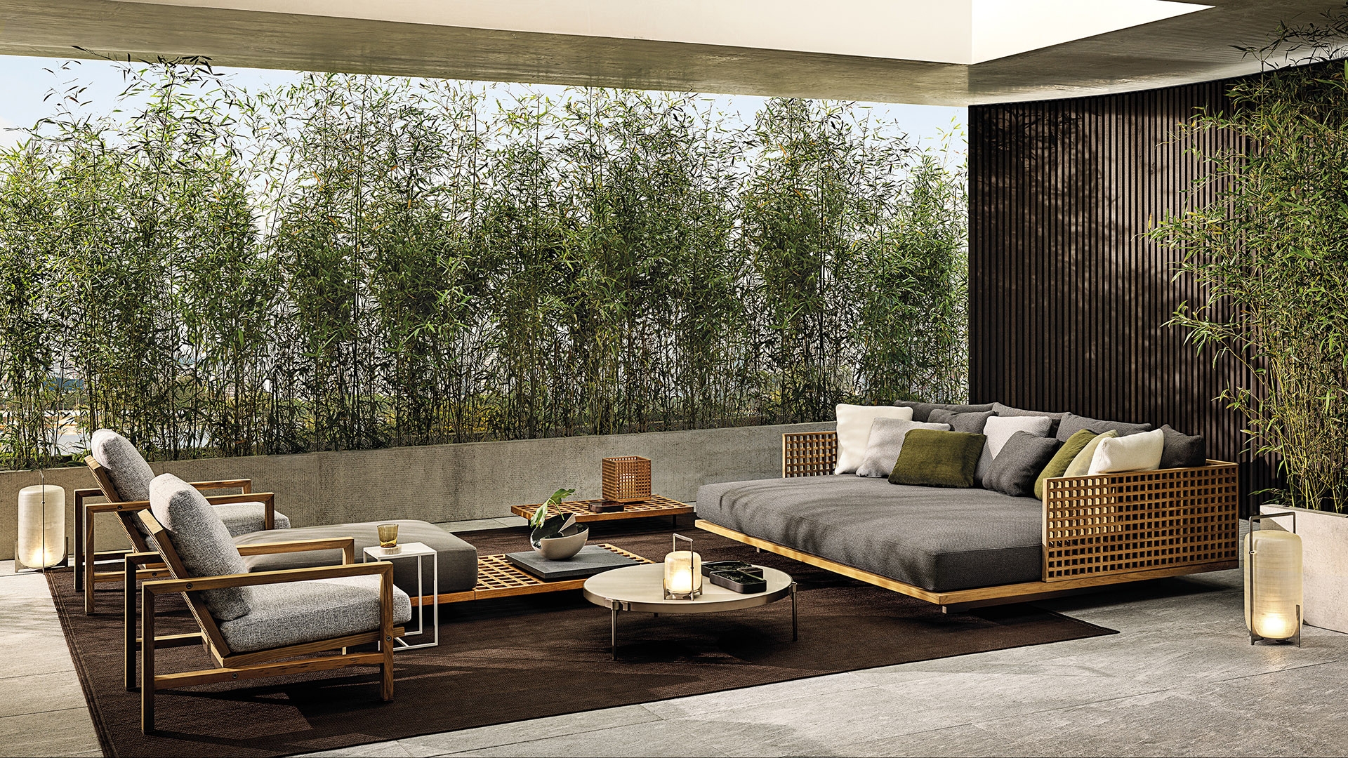 Brazilian architect Marcio Kogan’s (Studio mk27) huge daybed has been added to his Quadrado furniture range for Minotti, part of the brand’s mission to seamlessly blend together indoor and outdoor living