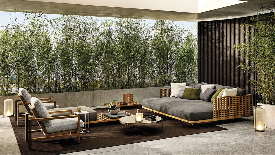 Brazilian architect Marcio Kogan’s (Studio mk27) huge daybed has been added to his Quadrado furniture range for Minotti, part of the brand’s mission to seamlessly blend together indoor and outdoor living
