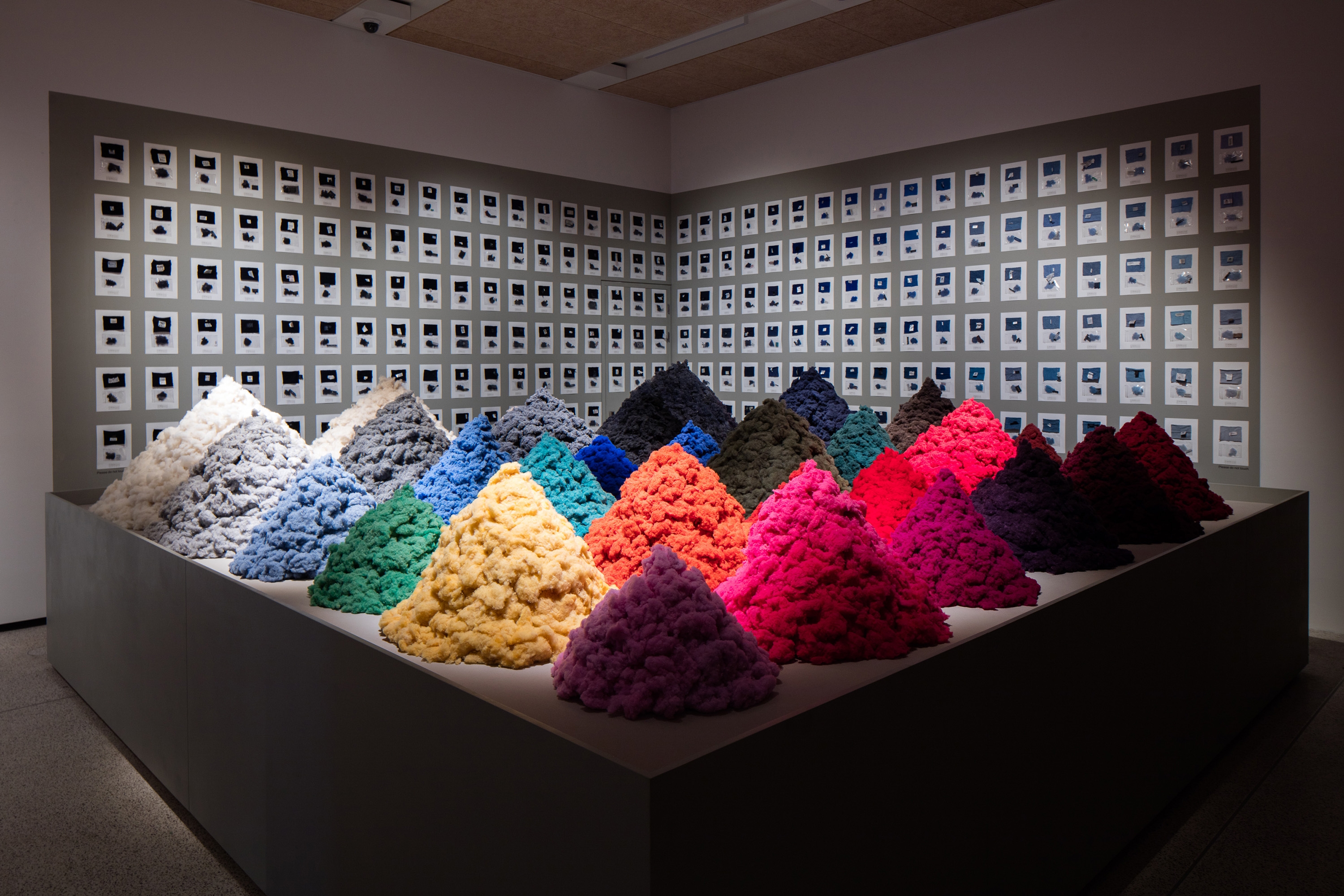Top: Christien Meindertsma © Vitra Design Museum Photo: Bettina Matthiessen; Above: Installation view of »Fibre Market« Project (2016) at the London Design Museum (2016) © Christien Meindertsma Photo: Luke Hayes 