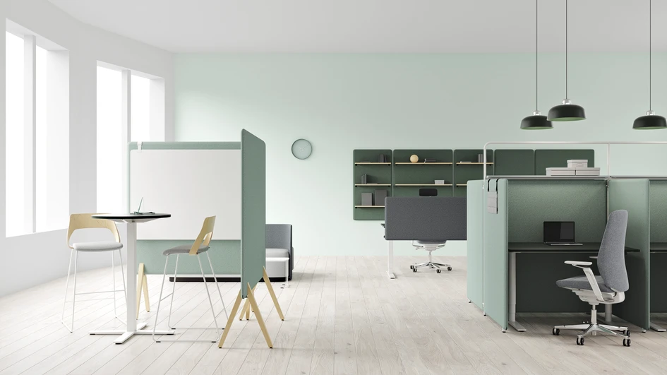 From desk-top dividers to full-size partitions, Vibe can be suspended from the ceiling or supported on wooden legs, adding a touch of Scandinavian style to any office environment and providing a practical noise management solution