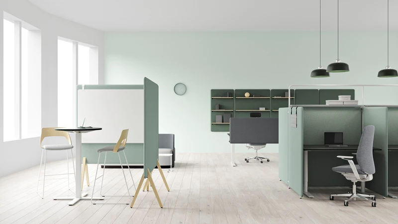 From desk-top dividers to full-size partitions, Vibe can be suspended from the ceiling or supported on wooden legs, adding a touch of Scandinavian style to any office environment and providing a practical noise management solution