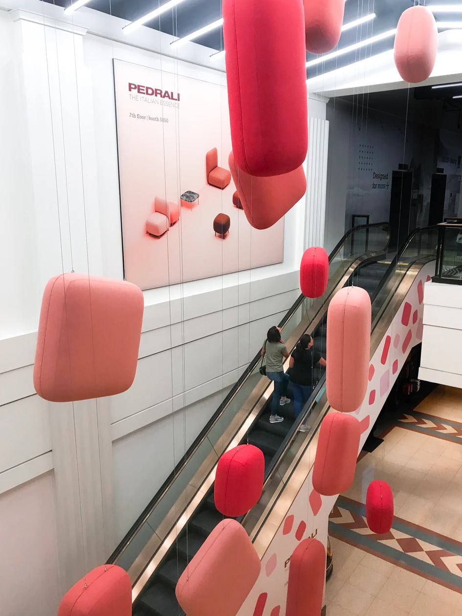 The playful and versatile Buddy collection formed the centrepiece of a spectacular installation featuring poufs in different hues suspended in mid air