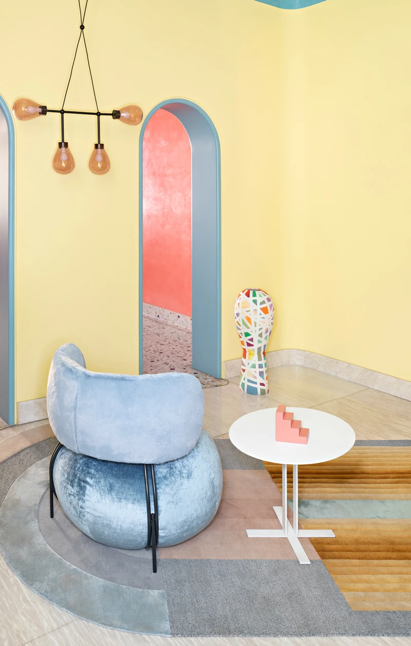 The quirky nature of Saba’s Baby Geo armchair is accentuated by mid-century-style lighting and ceramics: the Tutankhamon vase is a collaboration between Mendini himself and the artist Paolo Gonzato