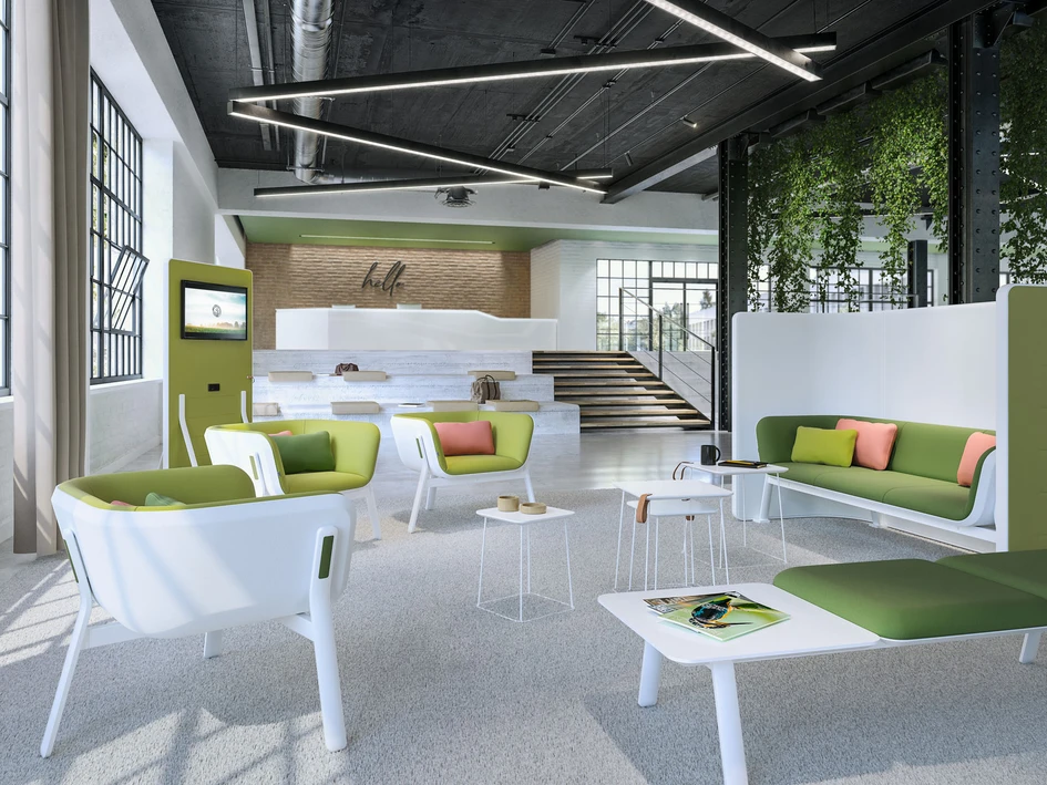 Der Arbeit Leben einhauchen: Eine wichtige Drehscheibe für dieses Wohlbefinden ist das modulare System HUB, ein elementarer Bestandteil von SPLACES, dessen Konzept auf einem Sofa und einem durchdachten Wandsystem basiert