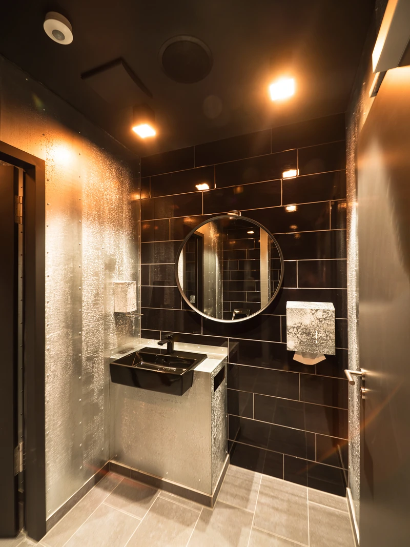 Ces toilettes communiquent leur énergie. Elles illustrent également la variété d’aménagements possibles avec les produits Villeroy & Boch, par exemple, avec une vasque semi-encastrée dans un noir élégant