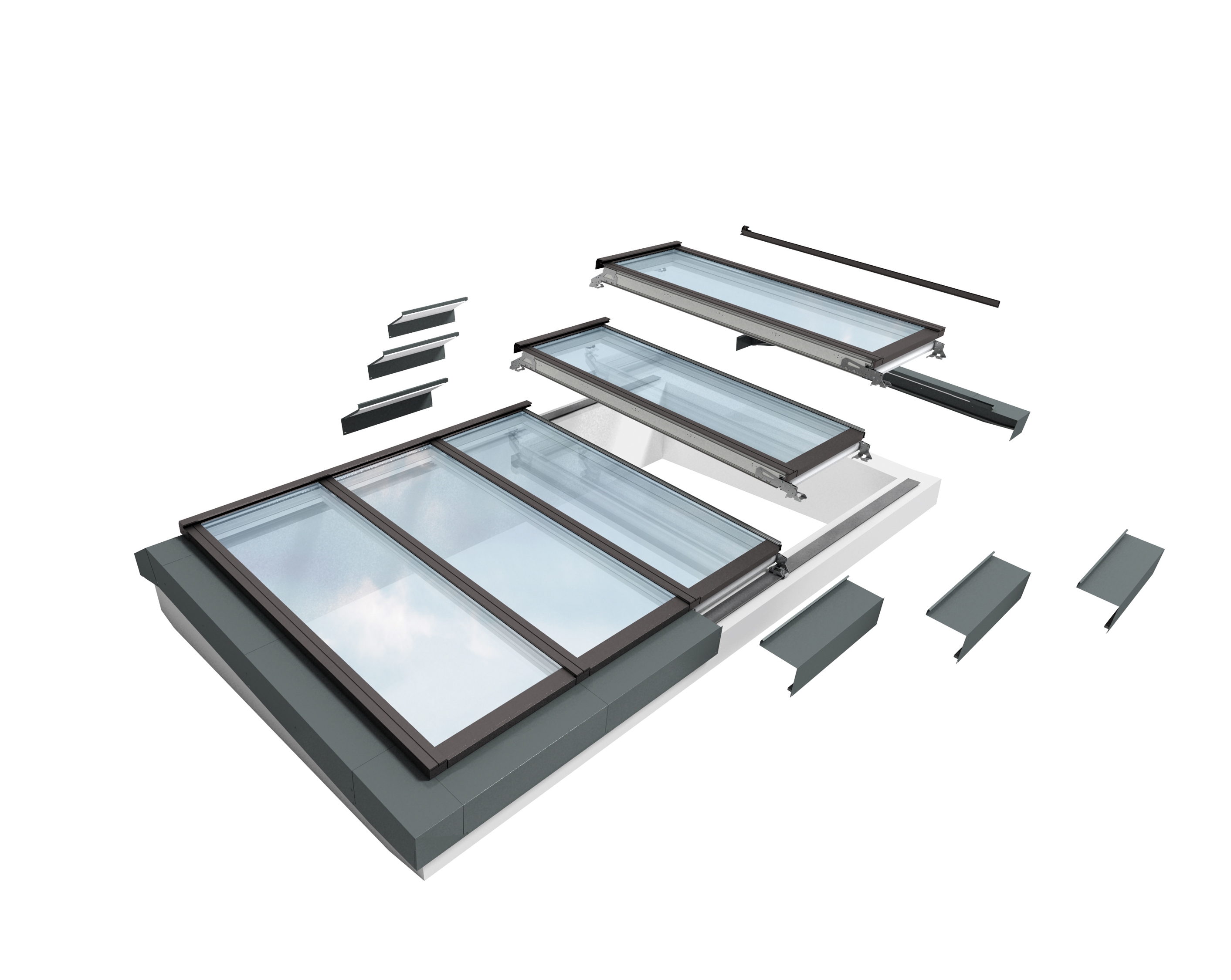 VELUX Modular Skylights bieten eine grosse gestalterische Vielfalt vom Einzelmodul (oben) zum skalierbaren Lichtdachsystem (unten)