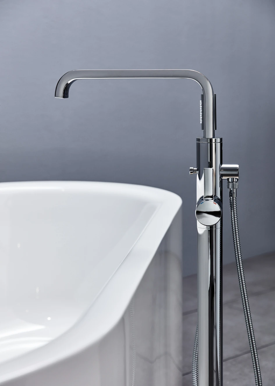 The streamlined Allure range, which includes this floor-mounted bath filler, is perfectly suited to sleek, contemporary bathrooms