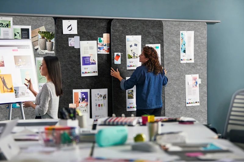 Easily movable screens and whiteboards provide convenient surfaces for displaying images and jottings