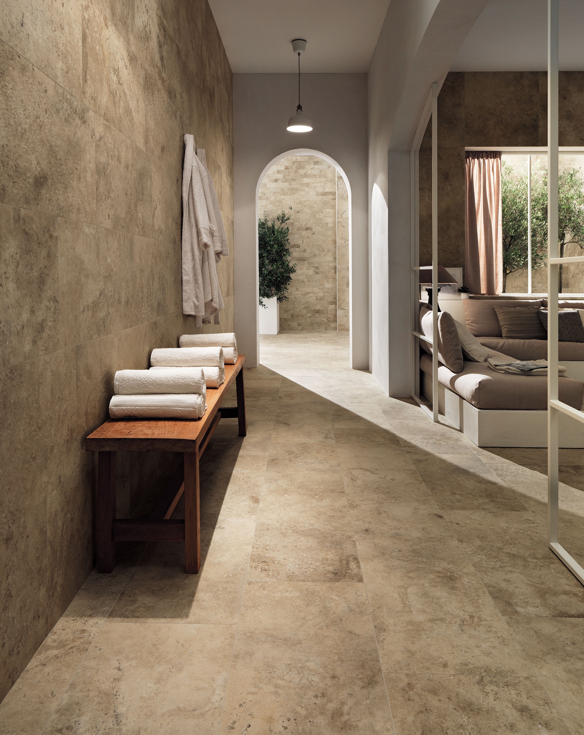 Aix’s porcelain floor and wall tiles in Beige evoke the well-worn, limestone floors of ancient Mediterranean villas