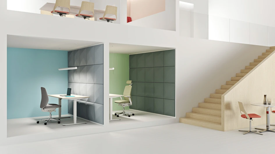 Pictured are some of Kinnarps’ most sustainable products; Capella chairs with all replaceable parts, FSC-certified Oberon desks and Oktav sound absorbers filled with 50% recycled material