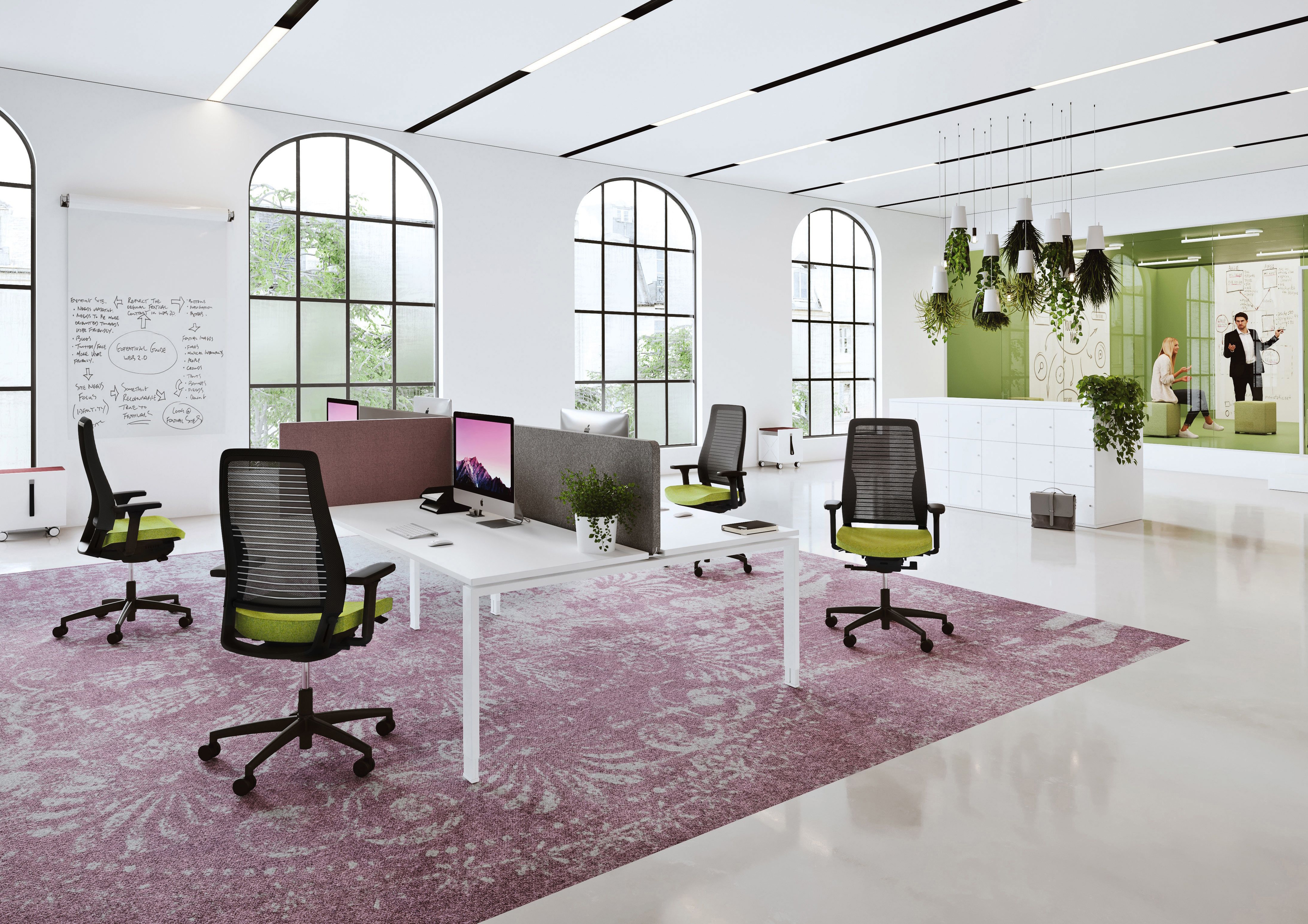 Colour connection: Particularly in open-plan offices, using colour to visually connect office chairs with other furnishing elements helps to create a harmonious overall effect 