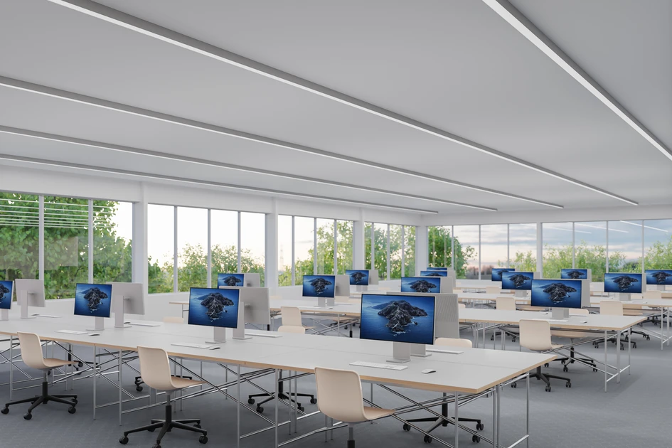 Straight down the line: The rollable diffuser RUN+ offers architects and designers completely new design possibilities for the office environment
