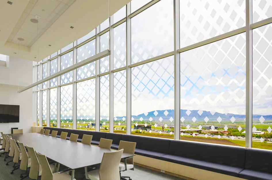 Arlon’s Series 5400 silver etched glass film gives windows an elegant finish without blocking out light, seen here adding a captivating but calming pattern to a meeting room