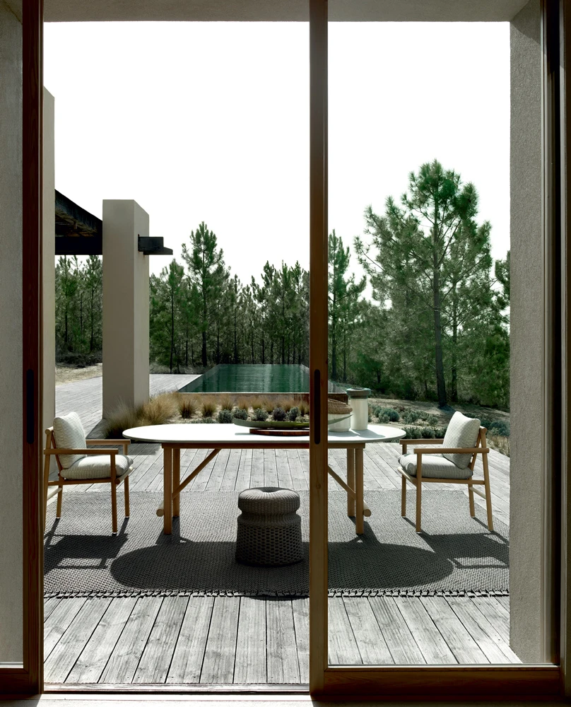 Soft, rounded bamboo-like elements define Naoto Fukasawa’s Ayana unpainted teak framed furniture for the B&B Italia Outdoor 2020 Collection. Its pared-back simplicity is thanks to an innovative construction of wooden pins forming invisible joints