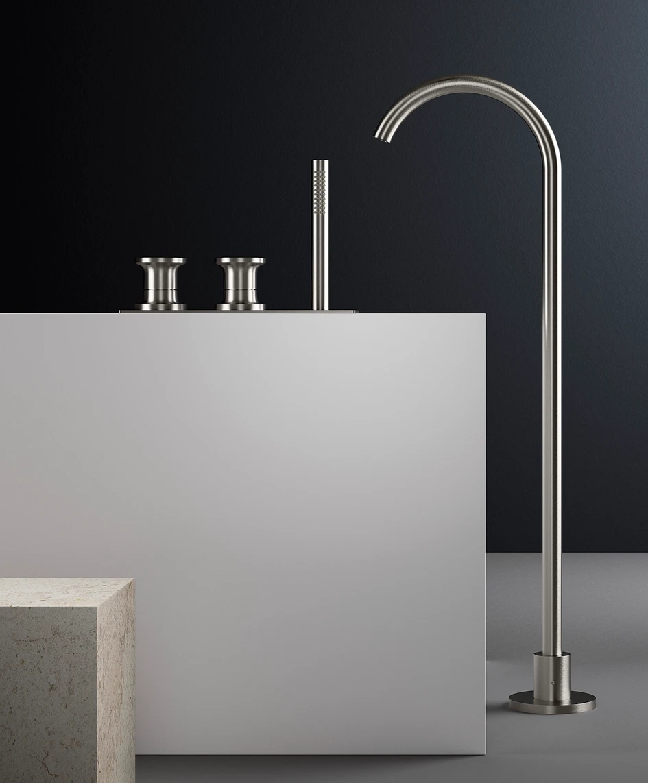 When separated from the nozzle, JK21’s detached handles, seen here used for shower, kitchen or bath control, sit proudly silent. Their disassociation from the form of other elements gives an alluring sense of independence