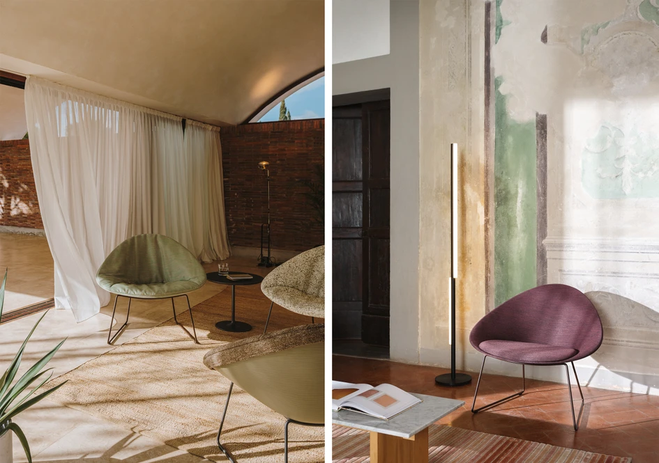 Adell ist auch erhältlich in einem innovativen lockeren Polsterstoff, der seine Ungezwungenheit betont, oder mit Stoffen in Trendfarben wie Salbeigrün und Aubergine. Fotos mit freundlicher Genehmigung von Arper und © Frederik Vercruysse