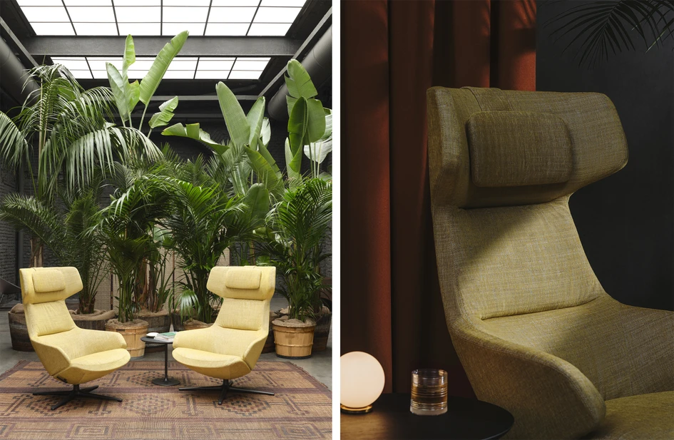 Jean-Marie Massaud über Aston Club (Video oben, Creative und Art Direction Shado). Der Sessel ist in vielen hochwertigen Bezugsstoffen erhältlich, die sich für zeitgenössische und klassische Innenräume eignen. Fotos © Frederik Vercruysse und Salva Lopez