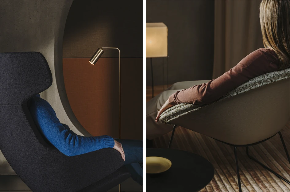 Arpers Sessel Club Aston (links, von Jean-Marie Massaud) und Adell (rechts, von Lievore + Altherr Desilé Park) schirmen den Sitzenden vom Alltatagsstress ab und bieten maximalen Komfort. Fotos © Salva Lopez