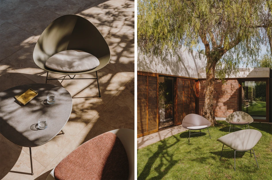 Im Garten oder auf der Terrasse vor dem Hintergrund von Gras und Laub intregriert sich Adell dank seiner weichen, natürlichen Farbtöne. Fotos mit freundlicher Genehmigung von Arper