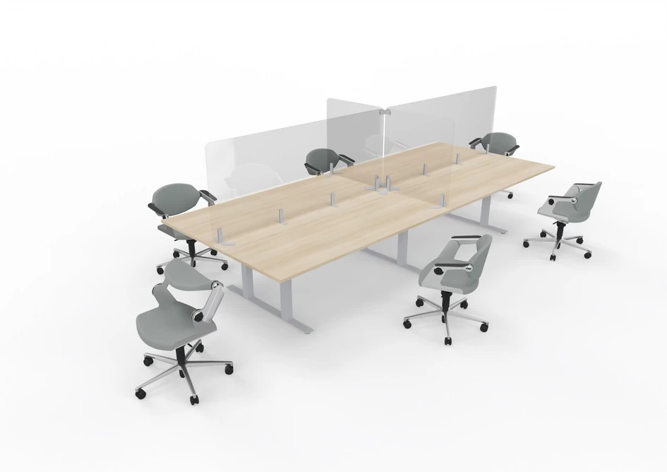 Thanks to the modular and movable INSIDE.50 wall elements, open offices can be easily zoned. The transparent hygiene protection panels made of acrylic and real glass offer additional protection without losing touch with the surroundings