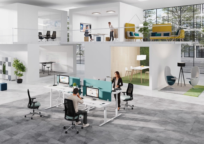 Inspired by nature: The open office can be zoned even more naturally with green storage space. The filigree connections of the JET.III office chair – reminiscent of the ribbed structure of a leaf – adapt to the spine of the user