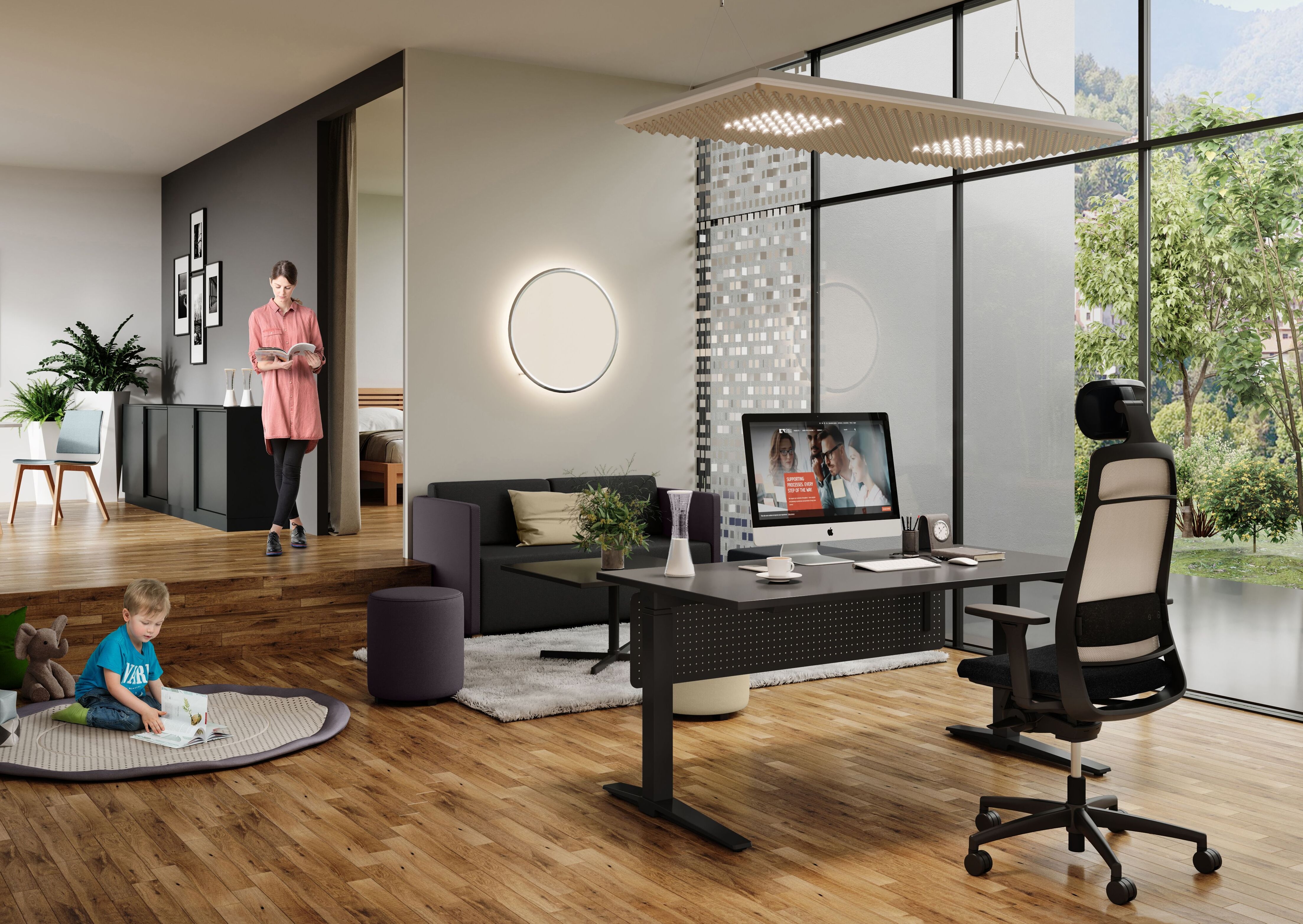 König+Neurath supports agile working environments whether in the office, as with the ergonomic K+N BALANCE.CHAIR and the height-adjustable TALO.S conference table (top), or the home office, with mobile TALO.S with the flexible TENSA.NEXT chair (above)