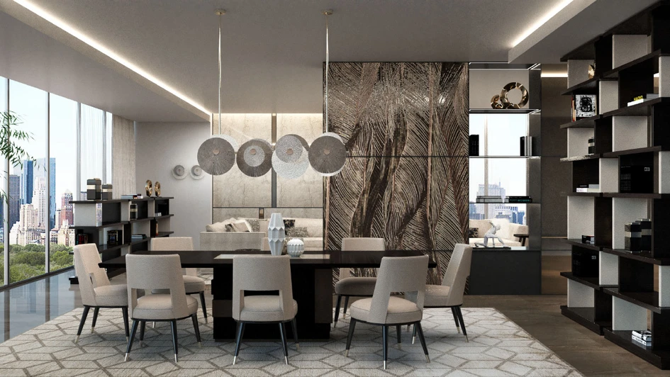 Die Aufteilung des Ess- und Sitzbereichs schafft in dem New Yorker Apartment einen entspannten und informellen Wohnraum, wobei der mosaikartige Raumteiler dabei als künstlerisches Herzstück fungiert