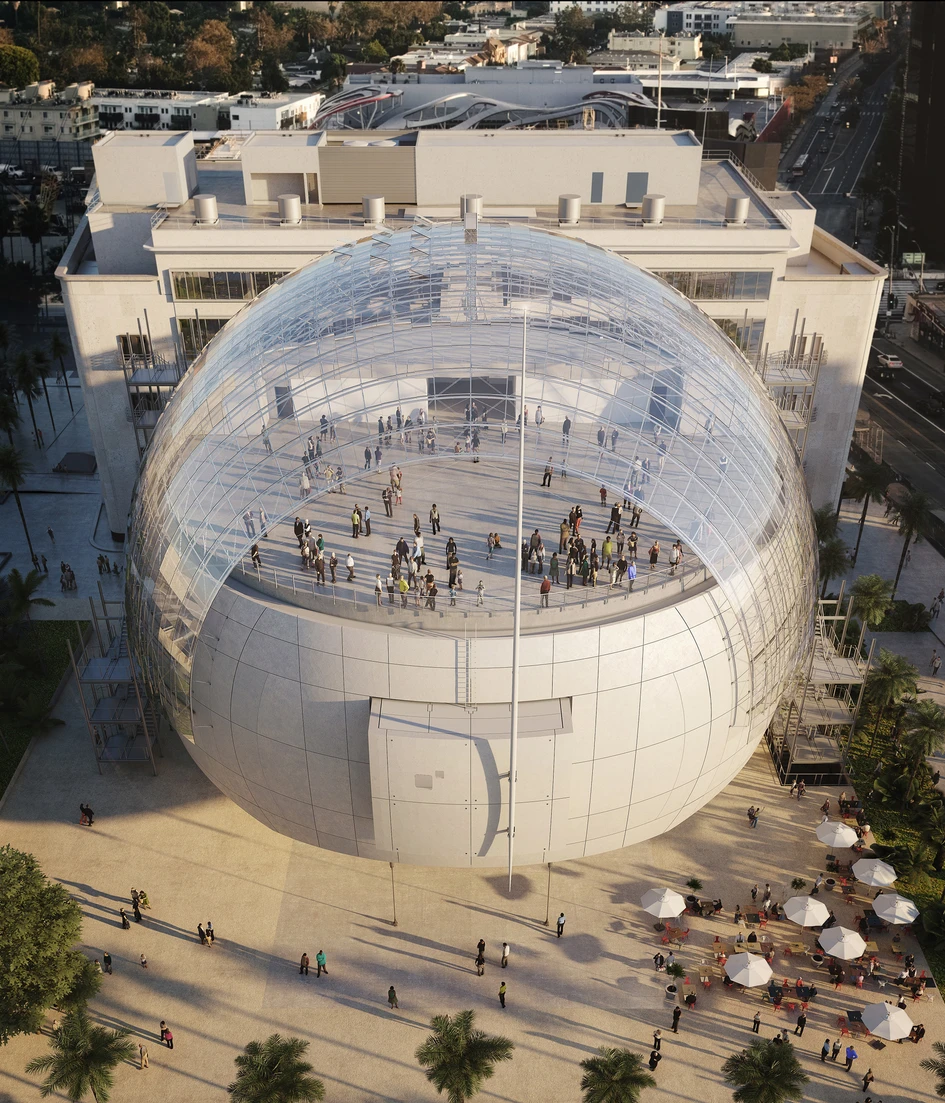 Designed by Renzo Piano Building Workshop and Knippers Helbig Advanced Engineering, the glass dome covers a large viewing terrace atop a new 1,000 seat cinema. Photos: © Renzo Piano